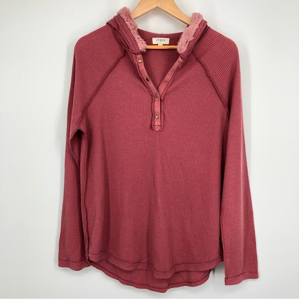 Umgee Thermal Knit Henley‎ Hoodie Womens L Pink Long Sleeve
